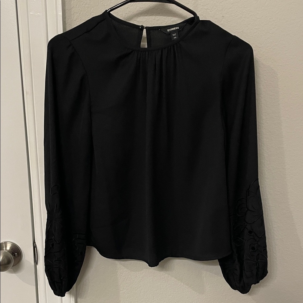 Express Elegant Black Blouse with Embroidered Sleeves